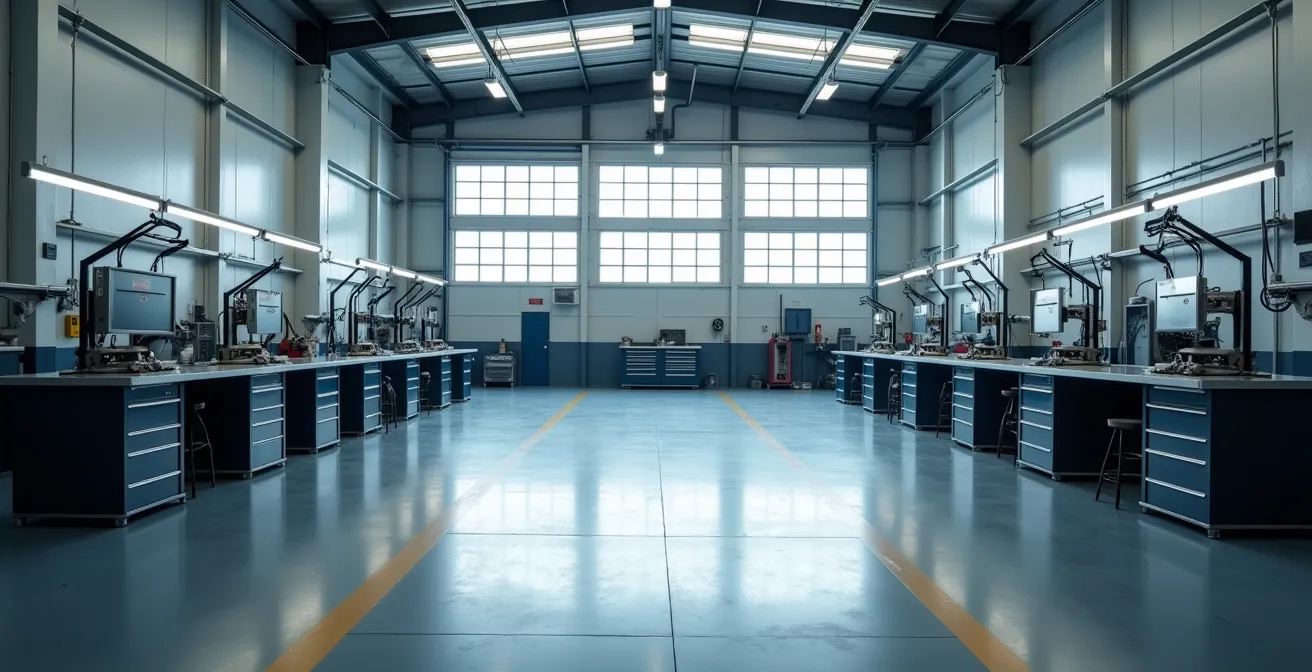 Vue d'ensemble d'un atelier de regarnissage avec équipements professionnels