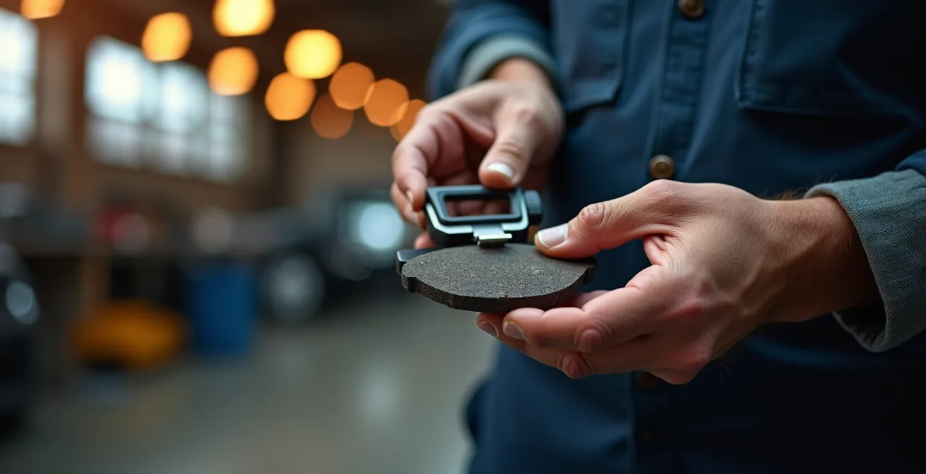 Mains de mécanicien examinant une plaquette de frein avec outil de mesure
