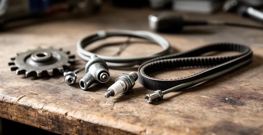 Pièces d'usure Solex disposées sur établi : galet, bougie, courroie