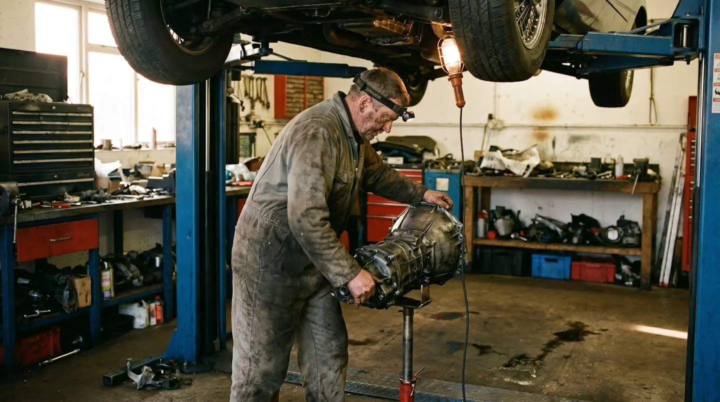 Technicien remontant la boîte de vitesses d'une voiture de collection sur pont élévateur dans un atelier spécialisé en mécanique ancienne