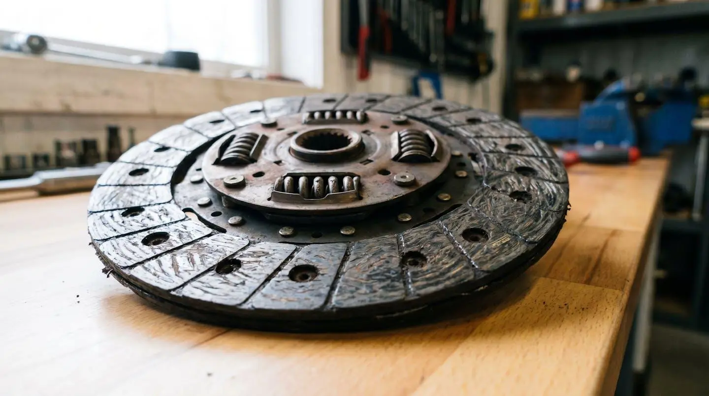 Gros plan sur un disque d'embrayage de véhicule de collection montrant l'usure inégale de la garniture de friction