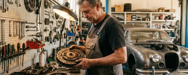 Mécanicien spécialisé inspectant un disque d'embrayage usé sur une voiture de collection dans un atelier équipé