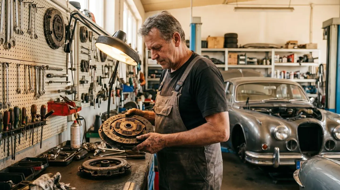 Mécanicien spécialisé inspectant un disque d'embrayage usé sur une voiture de collection dans un atelier équipé