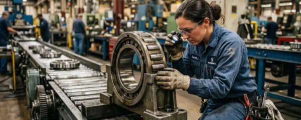 Technicien industriel inspectant un roulement sur une ligne de production en milieu d'usine