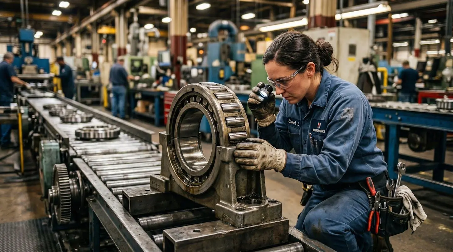 Technicien industriel inspectant un roulement sur une ligne de production en milieu d'usine