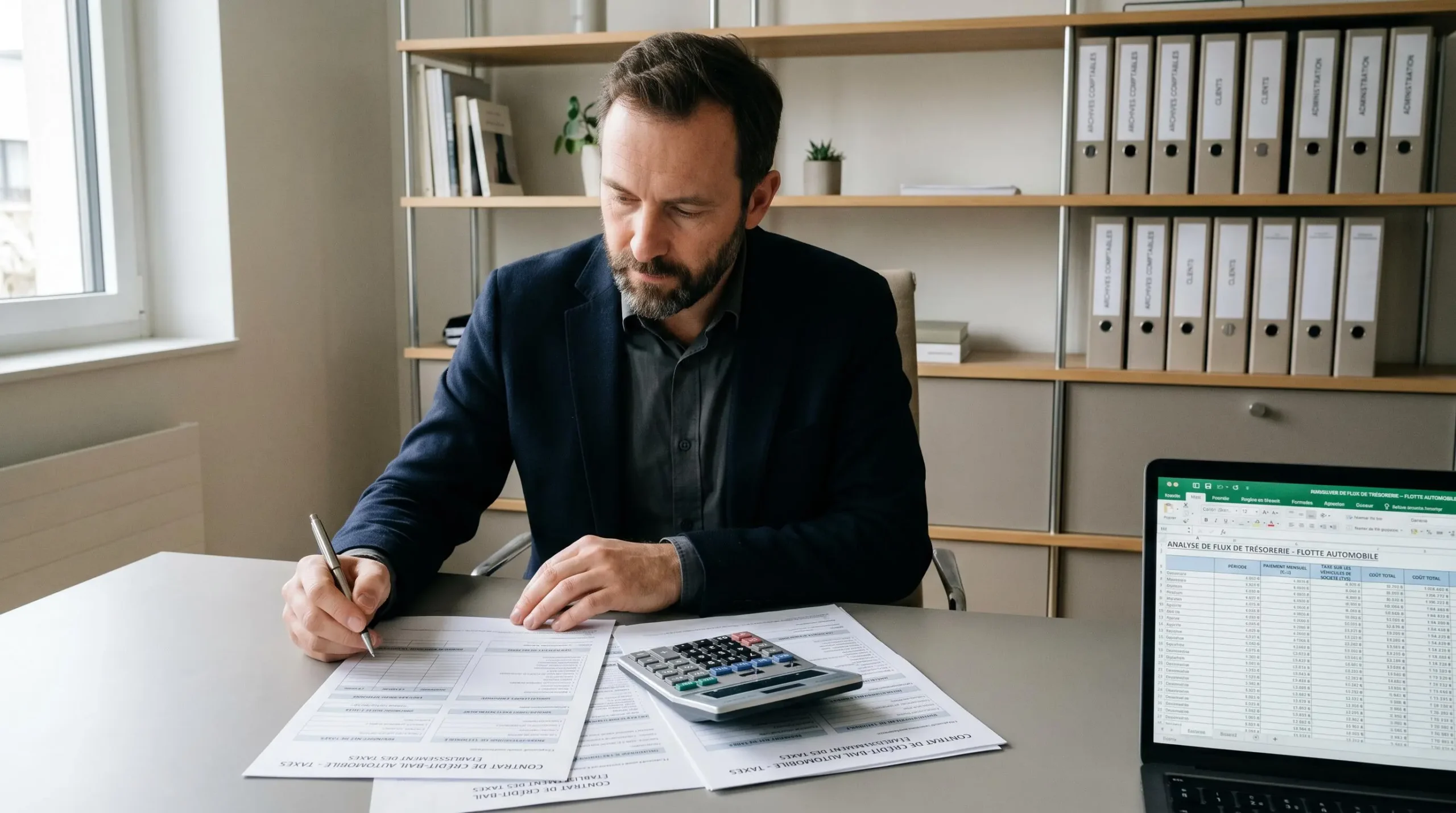 Chef d'entreprise quadragénaire examinant des documents fiscaux de leasing automobile et un tableur sur ordinateur portable dans un bureau moderne
