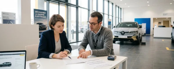 Jeune professionnel consultant des documents de leasing automobile avec un conseiller dans un showroom Renault contemporain aux lignes épurées et lumineux