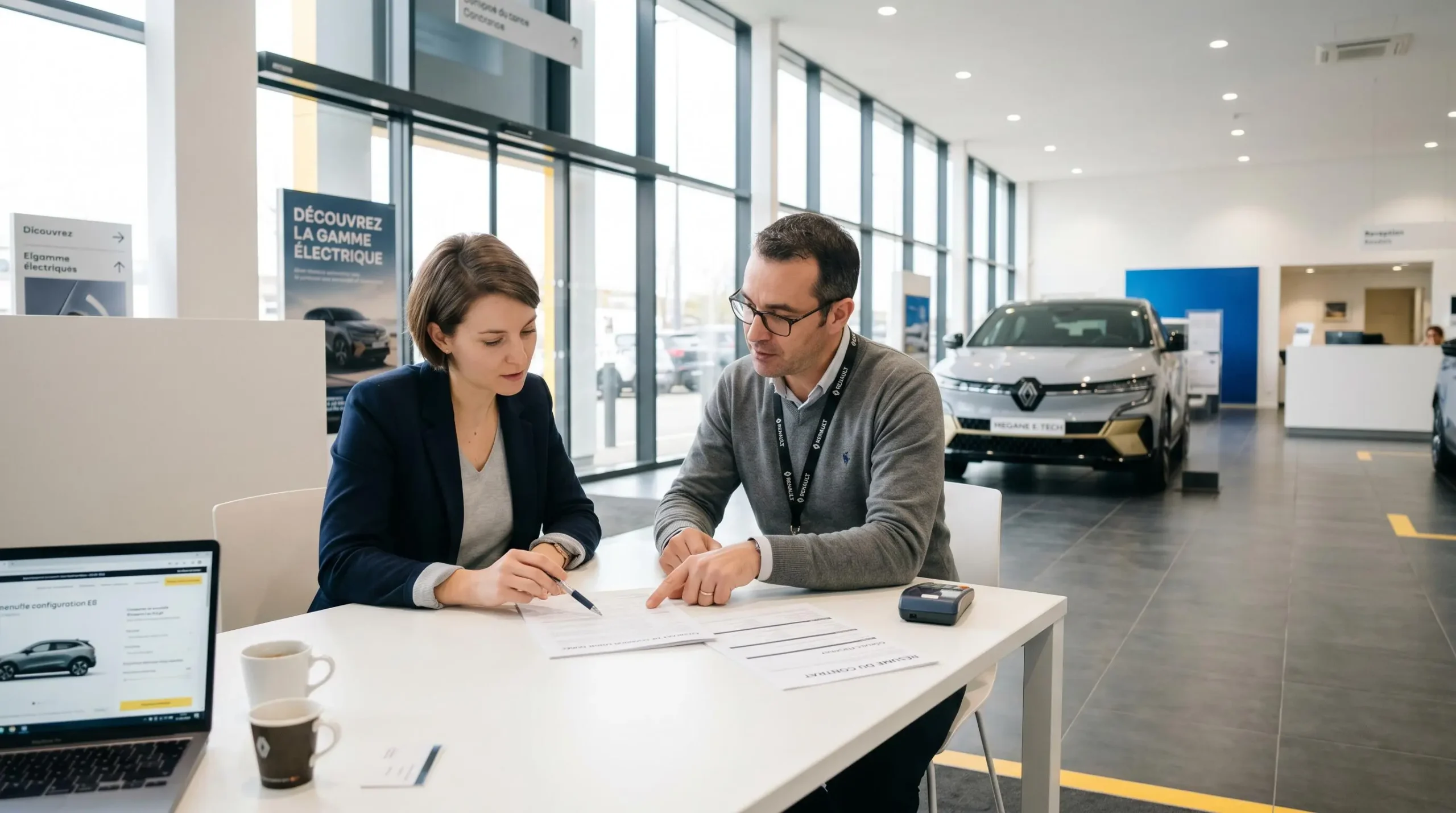 Jeune professionnel consultant des documents de leasing automobile avec un conseiller dans un showroom Renault contemporain aux lignes épurées et lumineux