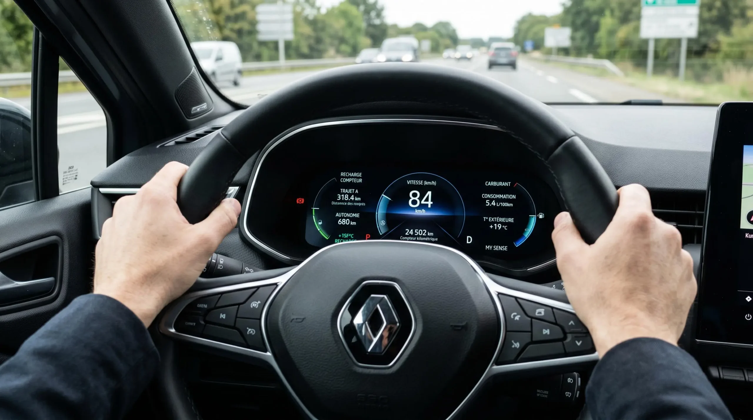 Tableau de bord numérique Renault affichant un compteur kilométrique à 24 500 km, mains du conducteur sur le volant gainé de cuir