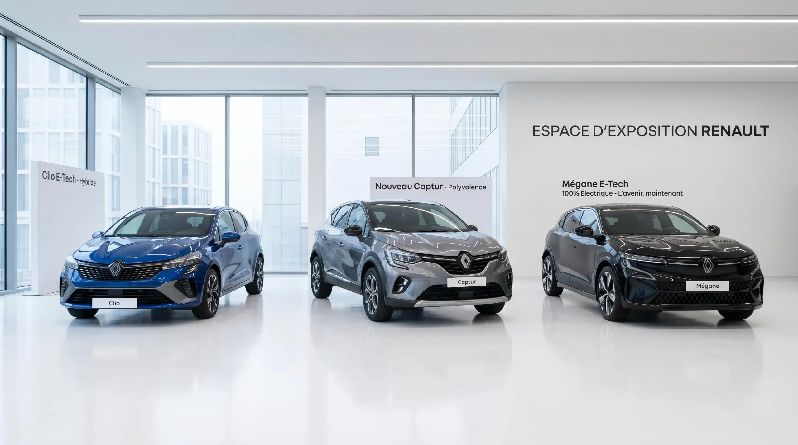 Trois modèles Renault alignés dans un showroom moderne : Clio E-Tech bleue, Captur gris et Mégane E-Tech électrique noire sous éclairage muséal